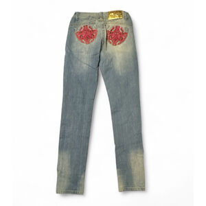 Vintage Dereon Y2K Jeans Size 3/4 Pink Embroidered Pockets Stretch Denim 90s